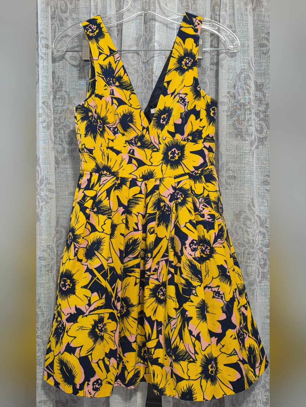 J.Crew Factory Floral Piqué Fit & Flare V-Neck Dress Yellow Navy Pockets Sz 00